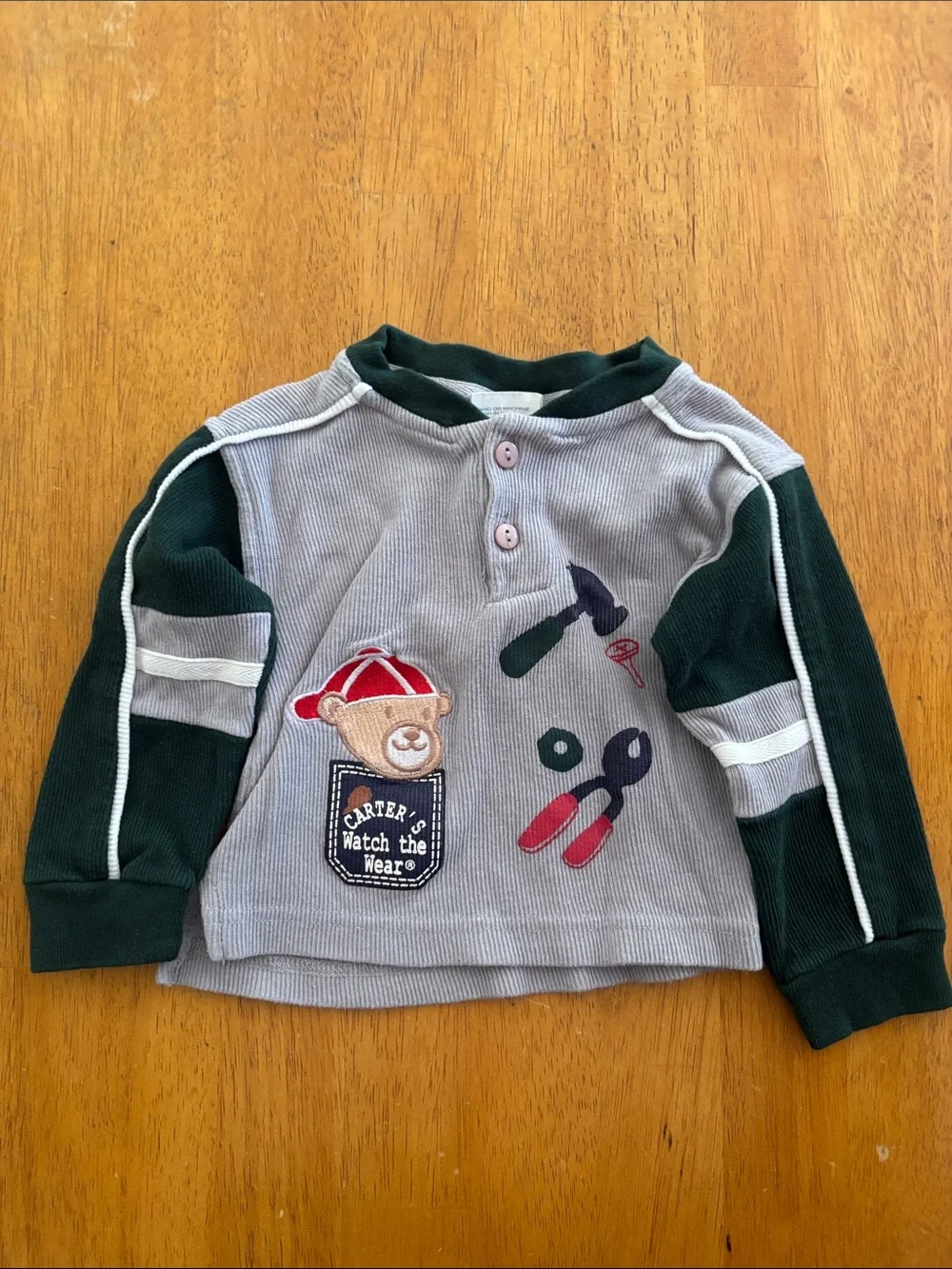 Vintage Carter's Gray & Forest Green Long-Sleeve W/ Bear & Tools 18 mo